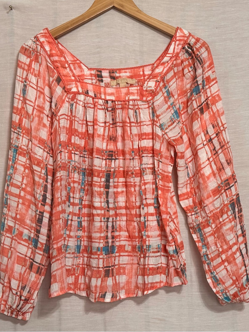 Hope & Harlow Coral Abstract Plaid Square Neck Blouse Medium